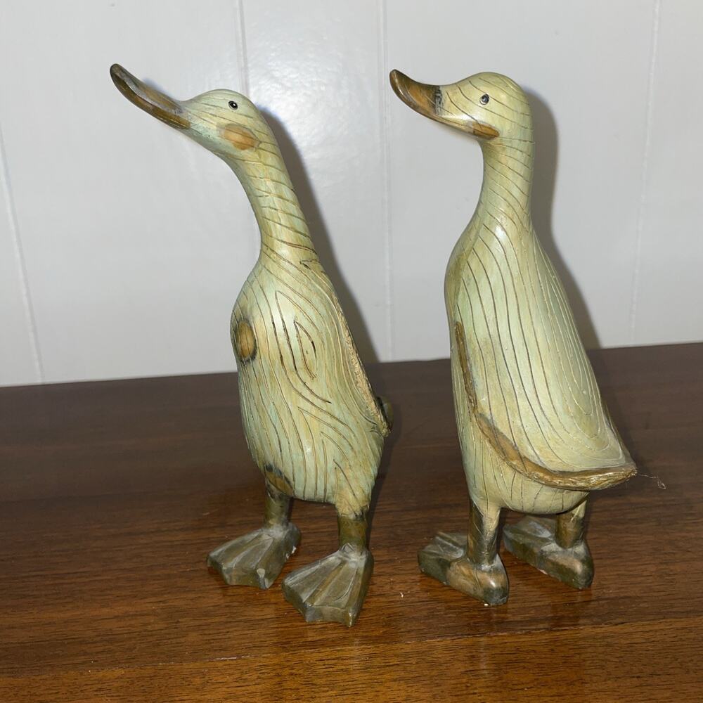 Lot Of 2 Transpac Wood Look Ducks #D6000B Green Wash small, 7" NEW cottagecore